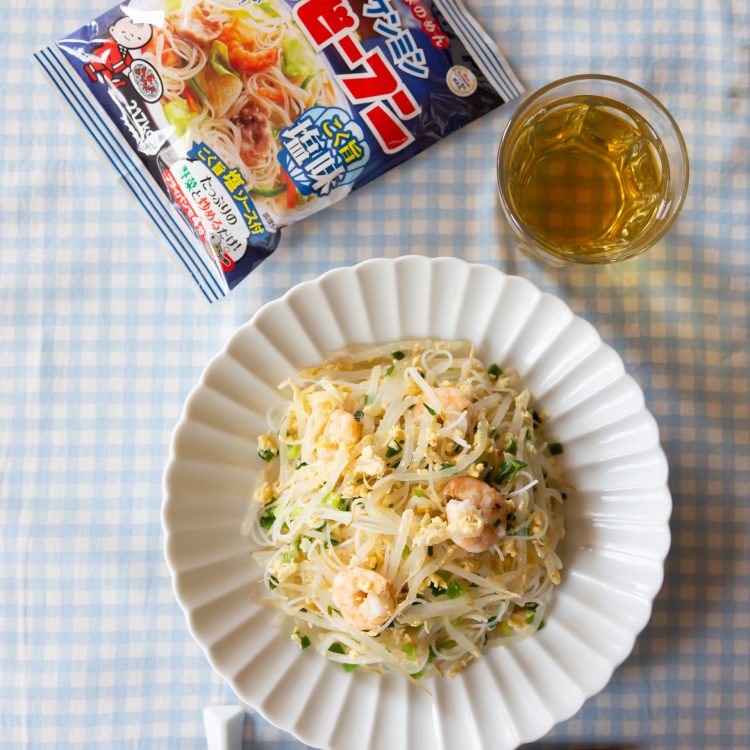 レンジで☆卵ふわふわ エビ玉ビーフン