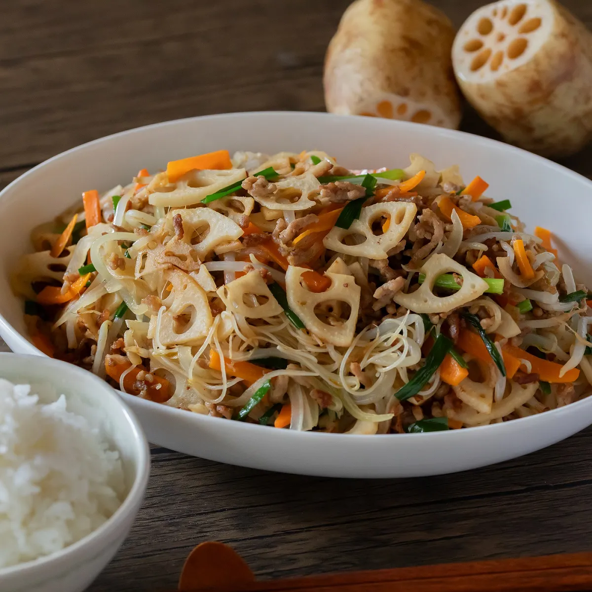 れんこんと野菜たっぷり！10分で完成！スタミナおかず焼ビーフン
